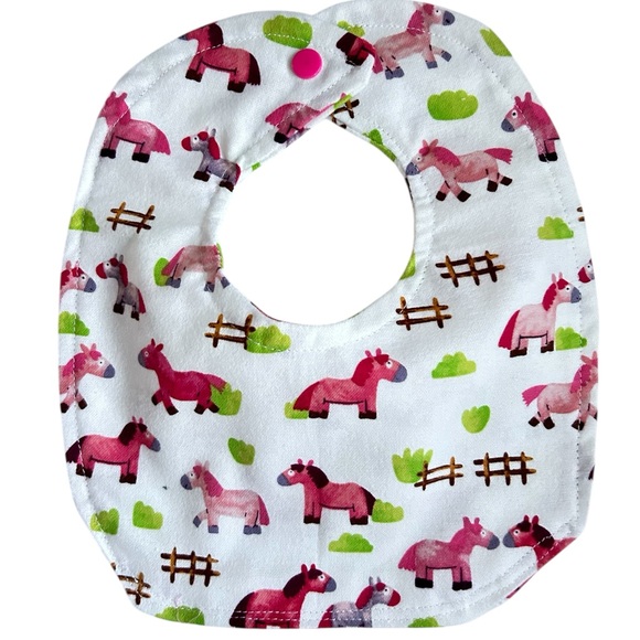 Hand Crafted Newborn Baby Bib and Burp Cloth Gift Set Pink Pony Print - Picture 8 of 9